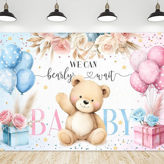 Riyidecor Bear Gender Reveal Backdrop Polyester Fabric We Can Bearly Wait Boho Floral Pampas Grass Rose Flowers 7Wx5H Feet Balloon Baby Shower Photography Background He or She Photo Studio Shoot