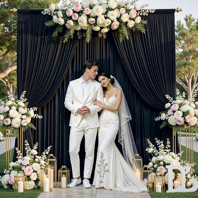 gogoparti 10 ft × 12 ft Black Backdrop Curtain for Wedding Parties, 2 Panels Wrinkle-Free 12 FT Long Polyester Photo Backdrop Drapes for Birthday, Baby Shower, Halloween Photography Background