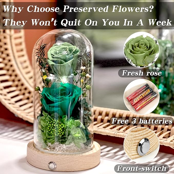 Preserved Roses & Fresh Flowers Bouquet – Gift for Women, Roses That Last Forever, Flowers for Delivery Prime, Green Roses – Birthday, Mother’s Day & Christmas