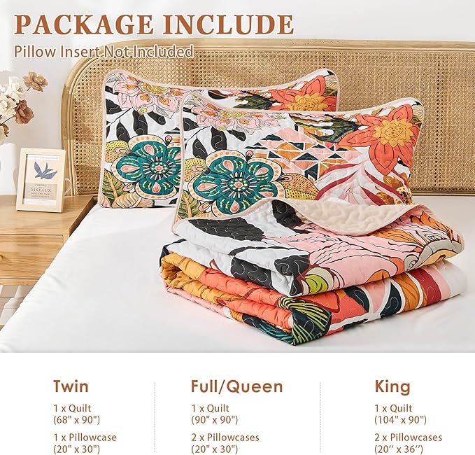 Quilt Set Full/Queen Size, Boho Floral 3 Pcs Soft Bed Cover Bedding Set, Mid Century Flowers Lightweight Bedspread Coverlet with 2 Pillow Sham for All Season