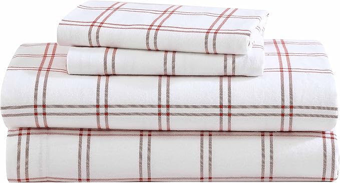 Eddie Bauer - Flannel Sheets King Size, Anti-Pilling & Wrinkle Resistant Cotton, Touchably Soft for All-Season Comfort - Bed Sheets with Matching Pillowcases & Fitted Sheet (Westridge Plaid Orange)