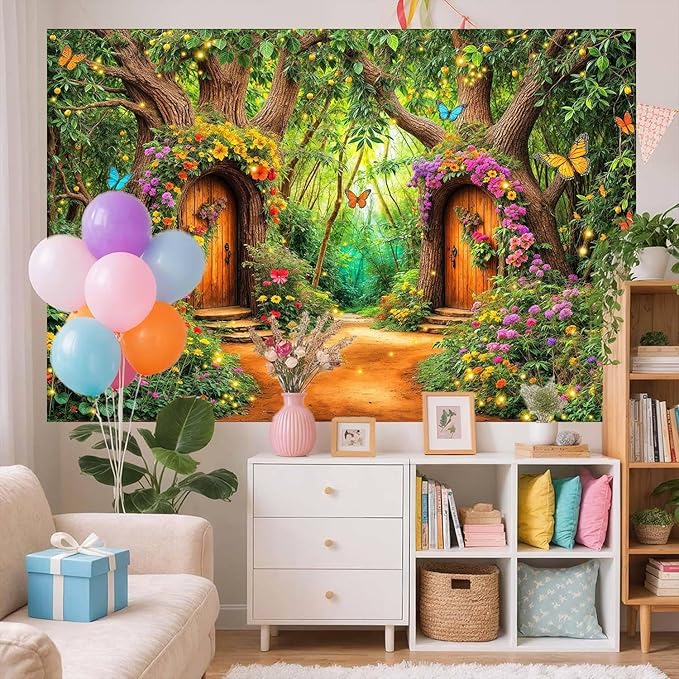 15X10ft Enchanted Forest Backdrop Fairy Tale Green Garden Wonderland Tree House Floral Butterfly Background for Kids Girl Baby Shower Birthday Party Decoration Banner Cake Table Photo Booth Props