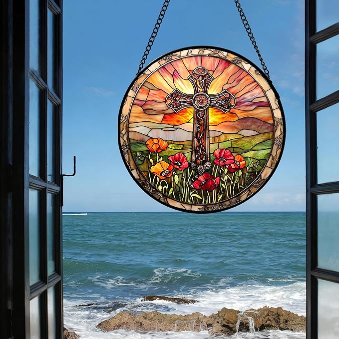 Christian Gifts for Women - Cross Stained Glass Window Hanging Jesus Easter Poppy Sunset Landscape Sun Catcher Garden Religion Decor Mother's Day Catholic Gift for Men Grandma Mom Her 7.8"