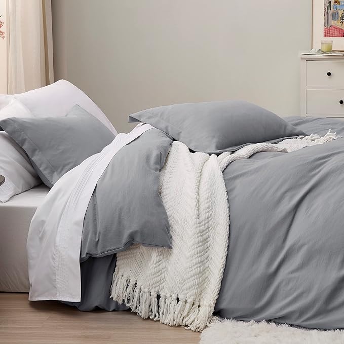 Bedsure Grey Duvet Covers Queen Size - Washed Duvet Cover, Soft Queen Duvet Cover Set 3 Pieces with Zipper Closure, 1 Duvet Cover 90x90 inches and 2 Pillow Shams