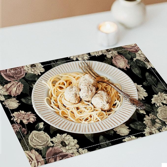 Floral Placemats Set of 8, 17x12 Inch Vintage White Pink Rose Flower Spring Plant Boho Art Print Table Mats for Home Party Kitchen Dining Decor