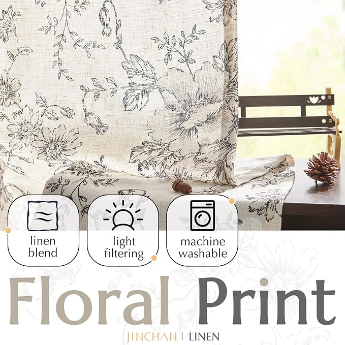 jinchan Linen Floral Curtains 100 Inch Extra Wide for Patio Sliding Glass Door Room Divider Curtain for Living Room 96 Inch Length Farmhouse Peony Black Printed Curtain Set 1 Panel