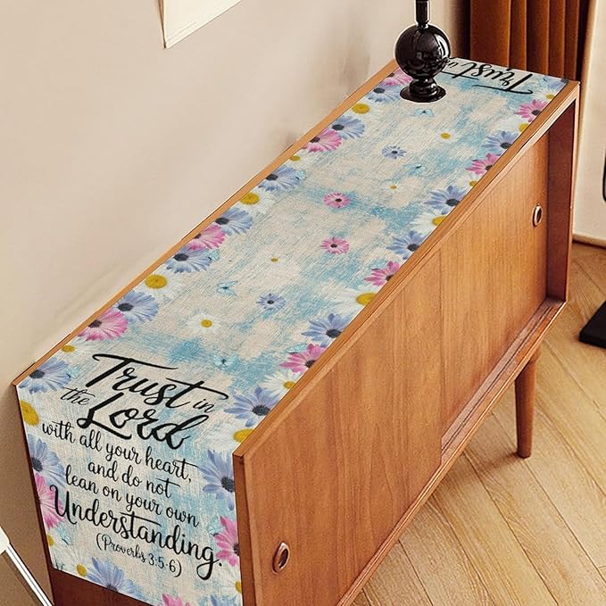 Daisy Flower Table Runner, Colorful Farmhouse Rustic Daisy Flower Print Linen Coffee Table Center Decor for Home Kitchen Dining Patio Holiday Party Indoor Outdoor Table Decorations 13x72 inch