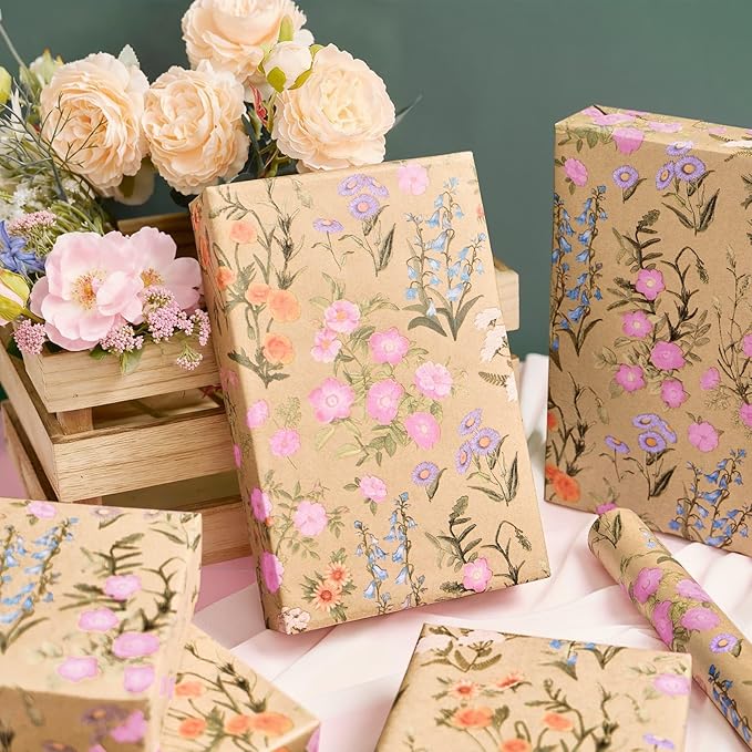 WERNNSAI Kraft Floral Wrapping Paper Roll - 1 Roll 17”x 33 ft Wild Flower Gift Wrap Paper Spring Summer Flower Gift Packing for Girls Women Birthdays Weddings Bridal Shower Party Decor