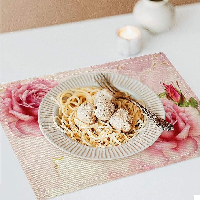 Pink Flower Placemats Set of 6, 17x12 Inch Romantic Watercolor Floral Rose Print Table Mats for Home Party Kitchen Dining Decor