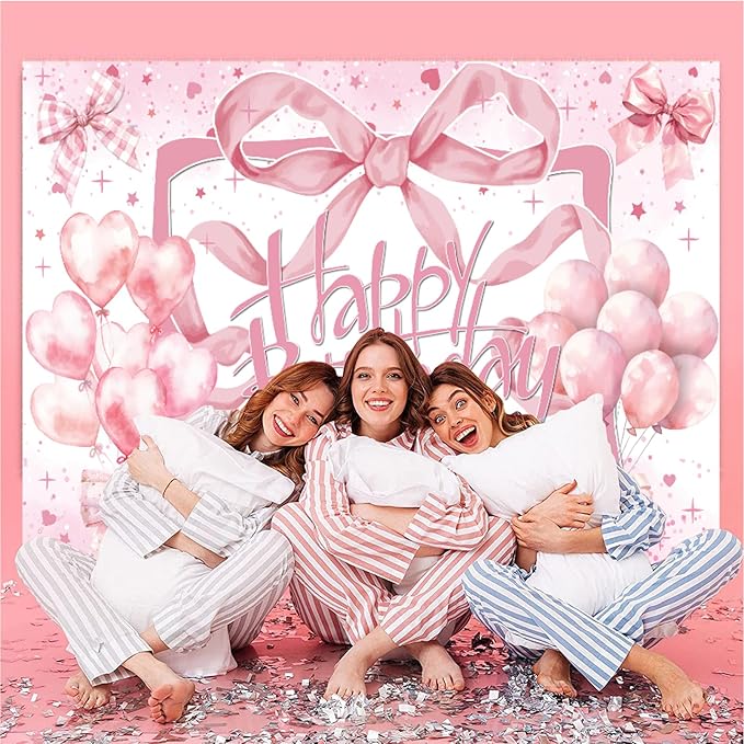 Coquette Pink Bow Happy Birthday Backdrop - Glitter Balloon Banner for Girls & Women - Cute Birthday Party Decorations, Bachelorette Photo Background & Wall Decor 7x5ft
