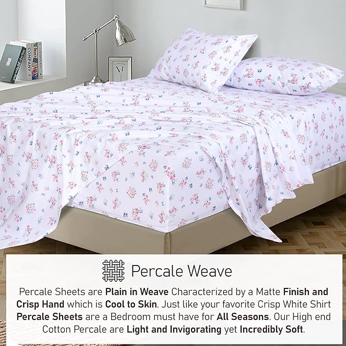 RUVANTI 100% Cotton Twin XL Sheet Sets, 3 Pieces, Soft & Breathable Percale Weave Bedding, Deep Pocket 16", Hotel Standard, Crisp Cool Feel, Durable, Perfect Size Floral Sheets, Funa Flora