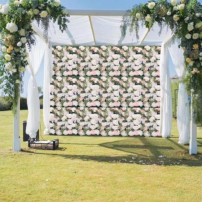 Flower Wall Backdrop, 6 Pcs Flower Wall Panels Artificial Floral Wall Background for Wall Decoration in Wedding Sites, Birthday Parties 24 x 16 Inch (White + Pink)