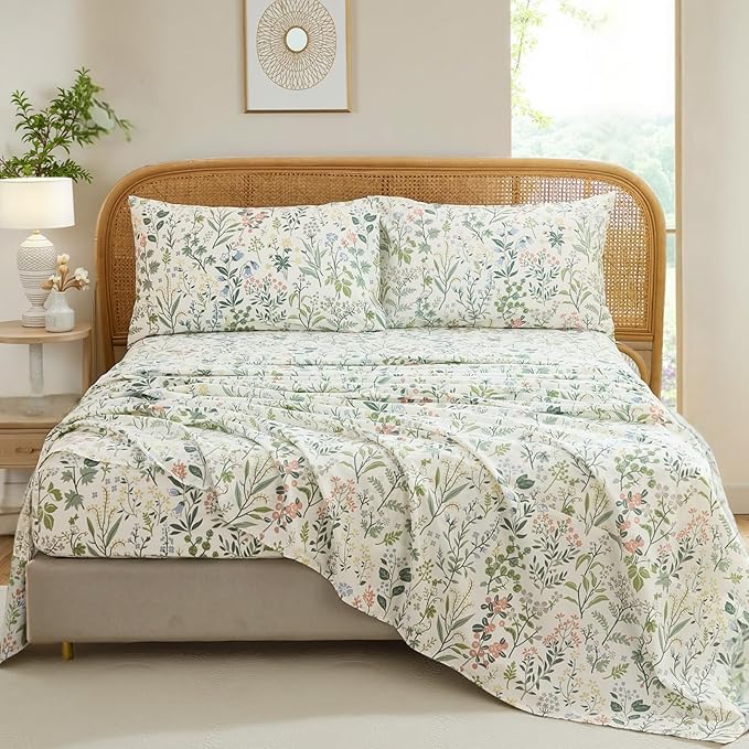 100% Cotton Sheet Set King Size – 4-Piece Vintage Green Garden Floral Bedding Set, Soft Breathable Percale Weave, Deep Pocket Fitted Sheet 17.5", Crisp Cool Feel, Refined Botanical Elegance
