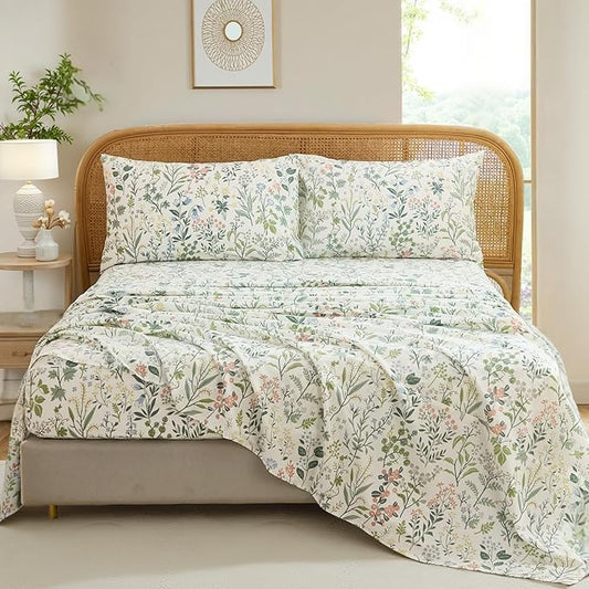 100% Cotton Sheet Set Queen Size – 4-Piece Vintage Green Garden Floral Bedding Set, Soft Breathable Percale Weave, Deep Pocket Fitted Sheet 17.5", Crisp Cool Feel, Refined Botanical Elegance