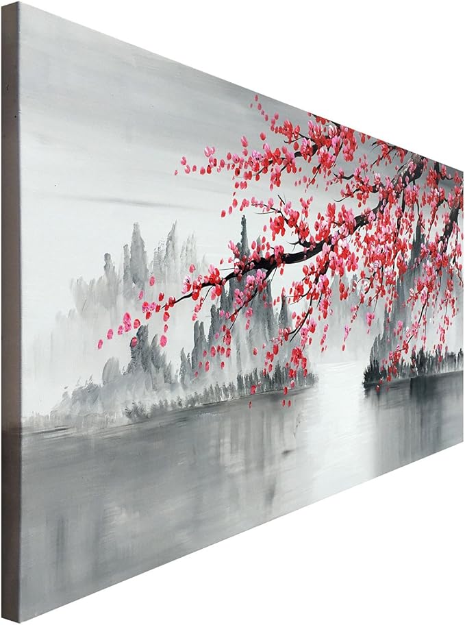 Traditional Chinese Painting Hand Painted Plum Blossom Canvas Wall Art Modern Black and White Landscape Oil Painting for Living Room Bedroom Office Decoration (48x24 inch)
