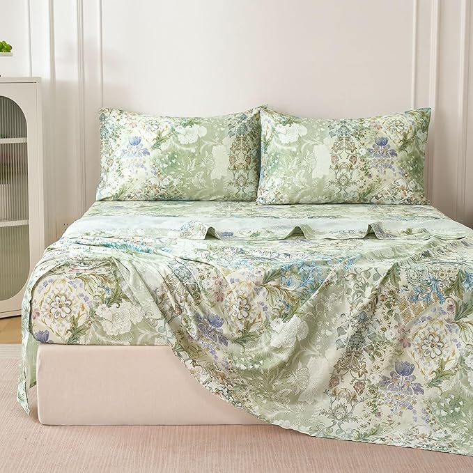 Zusbest Full Size Sheets Luxury Sage Green Floral Bed Sheet Set 100% Cotton, Satin Weave Soft Silky Breathable for Hot Sleepers American Country Style Vintage Flower Deep Pocket 17.5‘’ Bed Set 4Pcs