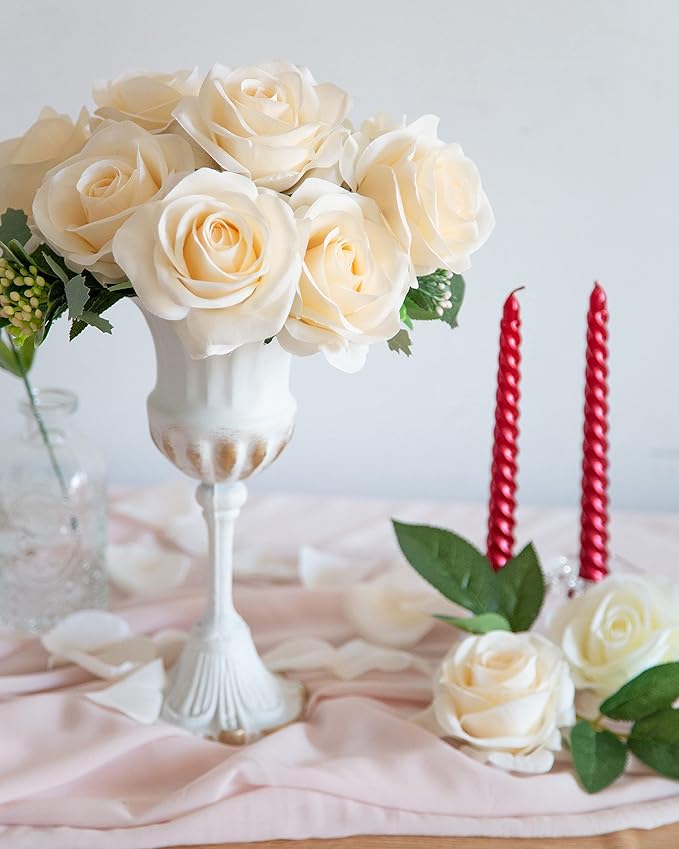 DuHouse 10pcs Fake Roses Artificial Silk Flowers Faux Rose Flower Long Stems Bouquet for Arrangement Wedding Centerpiece Party Home Kitchen Decor (Light Champagne)