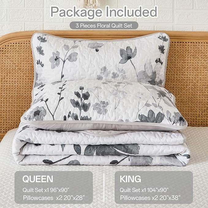 Anibedding Grey Quilt Set King, Floral Bedspread Soft Microfiber Lightweight King Size Quilt Bedding Sets Flower Coverlet for All Season(104"x90")