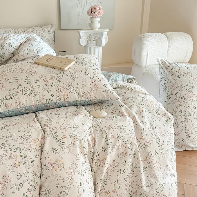 EAVD Garden Style Botanical Duvet Cover King Soft Cotton Chic Shabby Floral Leaves Pattern Bedding Set with 2 Pillowcases Fresh Vibrant Floral Duvet Cover with Zipper Closure