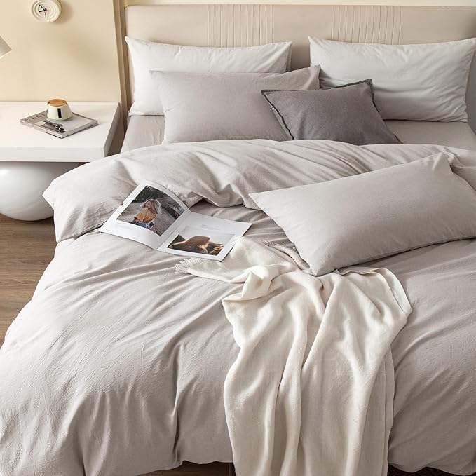 JIYUAN 100% Washed Cotton Duvet Cover Set 3 Pieces Super Queen, 1 Duvet Cover 90x98 Inches(Comforter Not Included) and 2 Pillowcases,Linen Feel Bedding Set Comfy and Breathable, Heathered Cream Grey
