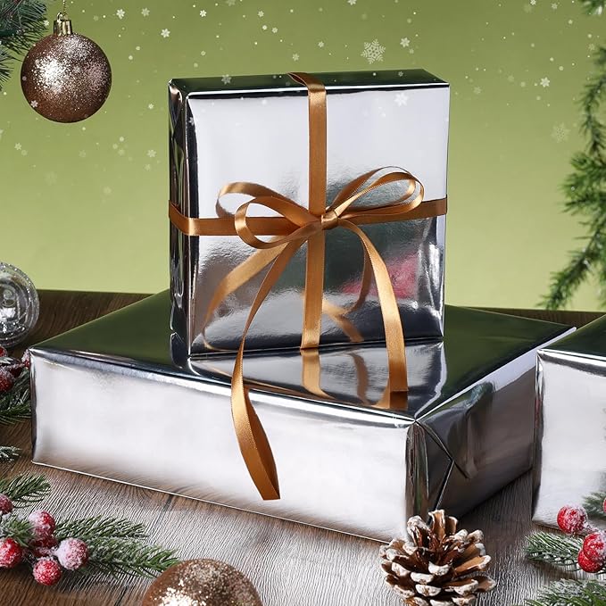 LaRibbons Silver Metallic Wrapping Paper, 17 Inch X 40 Feet (56.6 sq.ft) Solid Color Paper Roll, Gift Wrapping Paper Rolls for Wedding, Birthday, Christmas, Baby Shower