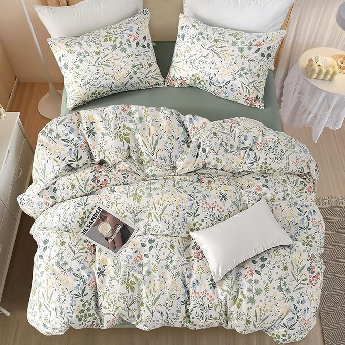 Vintage Botanical Floral Comforter Set Full Size Aesthetic Cute Flowers Comforter Fluffy Soft Boho Garden Floral Bedding Comforter with 2 Pillowcases Girls Cottagecore Comforter Set for All Seasons