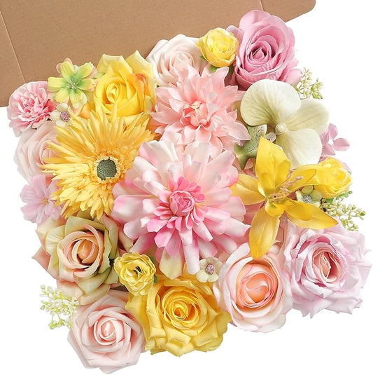 Yellow Pink Artificial Flowers Combo Set Fake Flower Leaf Box with Stemst for DIY Wedding Bridal Bouquet, Centerpieces, Home Decor, Floral Arrangement Decor