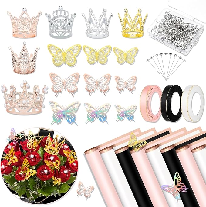 BAO-HUA-A2 Floral Bouquet Wrapping Kit, 60 Sheets Waterproof Paper, Black Pink Beige With Ribbons, Flower Pins, 3D Butterflies & Crowns for Florist Wrap