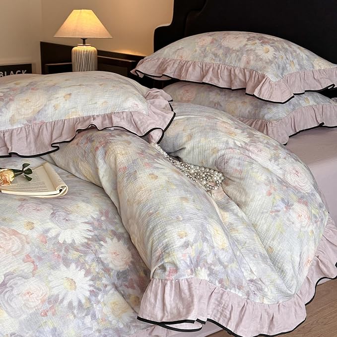 HighBuy Purple Floral Linen Cotton Duvet Cover Twin XL,Ruffle Design 3 Piece Natural Muslin Yarn-Dyed Textured Bedding Comforter Cover Set for Teen College Vintage Coquette Bedding Breathable