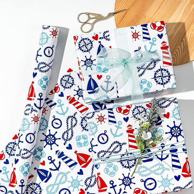 WRAPAHOLIC 30 Inch Nautical Anchors Wrapping Paper Roll - 30 Inch x 33 Feet - Nautical Element Anchor Design Perfect for Birthday, Nautical Beach Decoration, Baby Shower