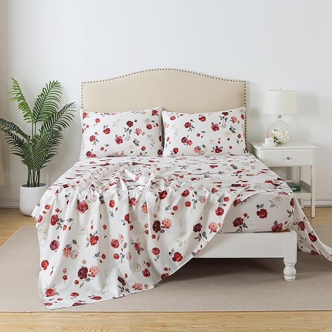 FADFAY Rose Sheets Set Queen Vintage White Rose Floral Bedding Chic Red Rose Bed Sheets Shabby Farmhouse Bedding 100% Percale Egyptian Cotton 800 Thread Count Deep Pocket Fitted Sheet 4Pcs,Queen Size