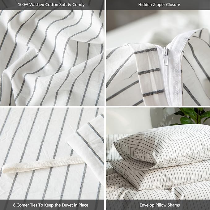 MooMee Striped Duvet Cover Set 100% Washed Cotton Linen Like Textured Breathable Durable Soft Comfy (White Dark Grey Wide Stripes, Twin 68"x90")