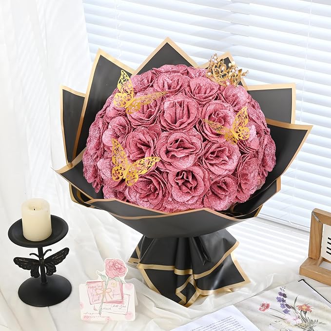 Waipfaru Glitter Roses Bouquet, DIY Fake Flowers Bouquet, Birthday Gifts for Women Mom, 36 Pcs Rose Gold Rose for Wife Girlfriend Valentines, Mothers Day, Anniversary, Graduation