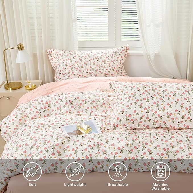 SAPHREAS Pink Bellflower Floral Duvet Cover Set Queen Size 3pcs Botanical Blossom Bedding Comforter Cover Set 100% Cotton 1 Duvet Cover 90"x90" 2 Pillow Shams, Comforter Not Included