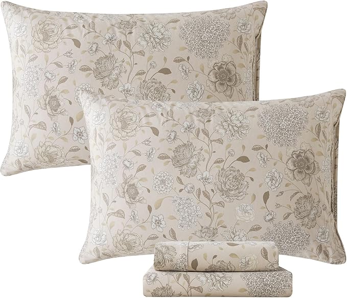 FADFAY Light Khaki Vintage Hydrangea Floral Queen Size Sheets Set 100% Brushed Cotton Shabby Peony Pattern Bedding Set Deep Pocket Sheets with 2 Pillowcases Luxury Daisy Breathable Soft 4pcs, Queen