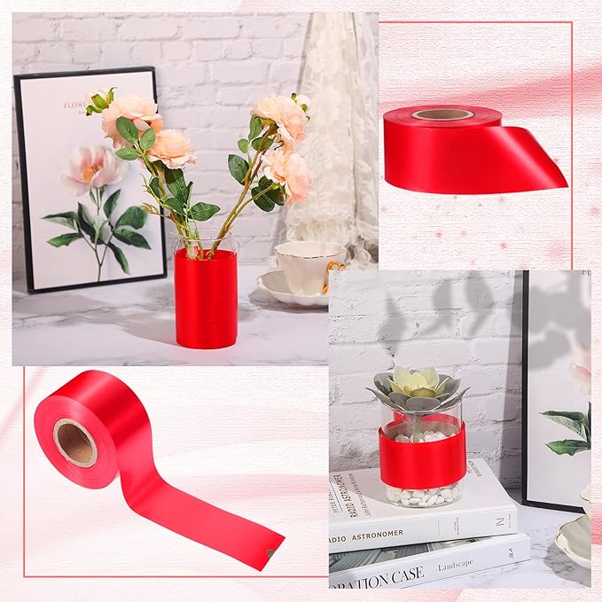 Syhood Outdoor Leaf Ribbon Floral Satin Ribbon for Crafts Aspidistra Waterproof Holiday Outdoor Decoration(2 Inch X 30 Yards,Red)