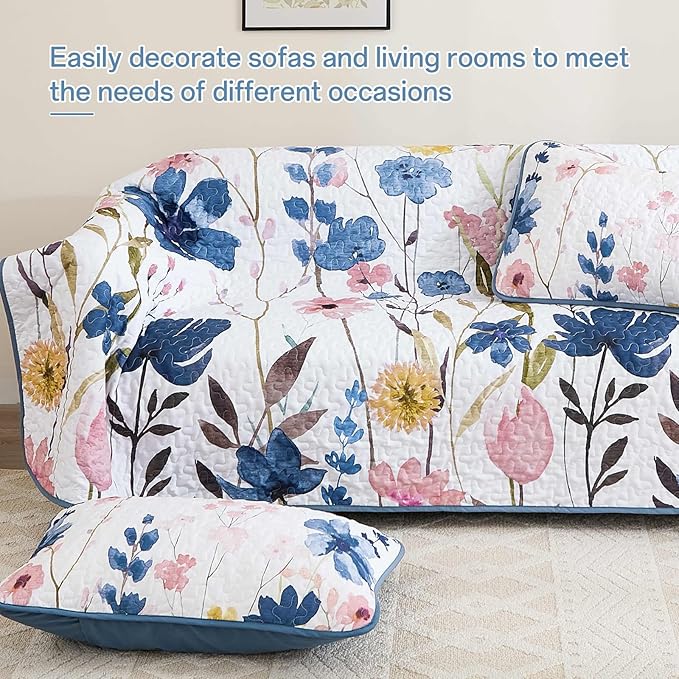 Anibedding Queen Quilt Set, Dark Blue Floral Bedspread Soft Microfiber Lightweight Queen Size Quilt Bedding Sets Flower Coverlet for All Season(Queen, 96"x90")
