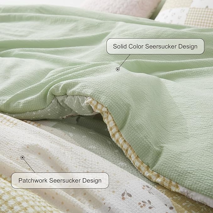 Oli Anderson King Comforter Set, 7 Pieces Light Green Floral Seersucker Bed Comforter, Patchwork Reversible Bed in a Bag with Comforter, Sheets, Pillowcases & Shams (Light Green, King)