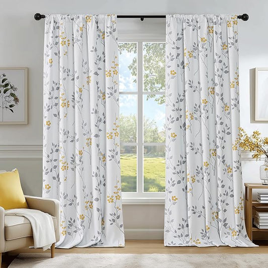 Beauoop Floral 100% Blackout Curtains 63 Inch Length 2 Panels for Bedroom Living Room Yellow Grey and White Flower Patterned Room Darkening Thermal Soundproof Rod Pocket Back Tab Window Drapes, 52X63