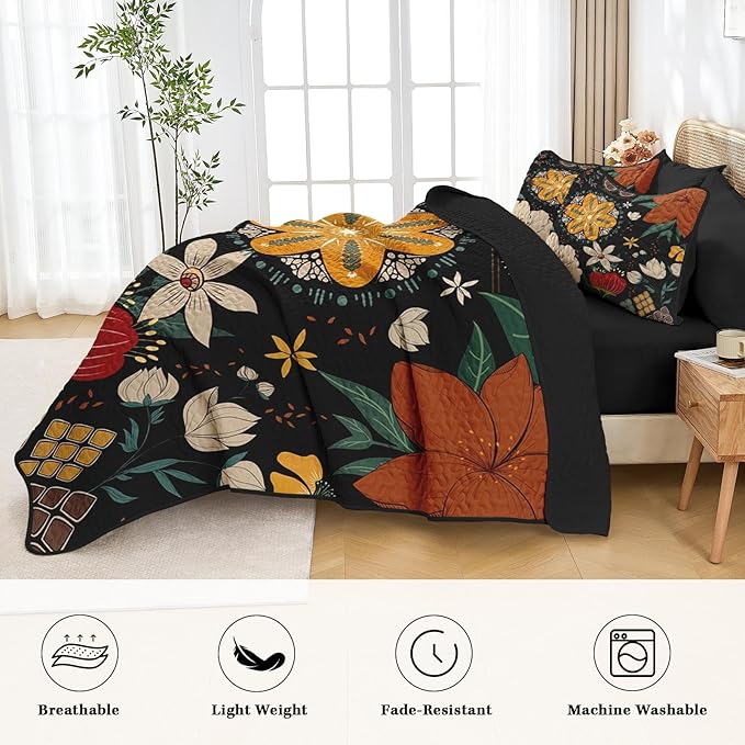 Quilt Set Full/Queen Size, Black Tropical Floral 3 Pcs Soft Bed Cover Bedding Set, Farmhouse Botanical Lightweight Bedspread Coverlet with 2 Pillow Sham for All Season