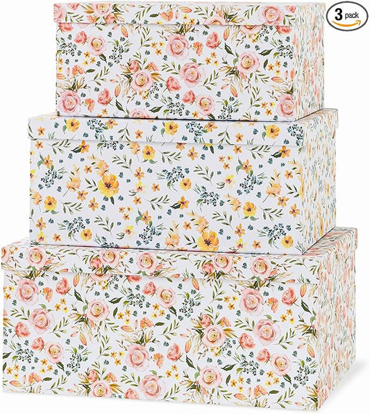 Soul & Lane Decorative Storage Cardboard Boxes with Lids | Summer Bouquet - Set of 3 | Paperboard Nesting Boxes for Organizing