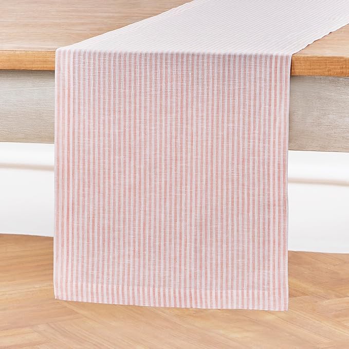 Solino Home Linen Striped Table Runner 108 Inches Long - Narrow Stripe 100% Pure Linen Peach and White Dining Table Runner 14 x 108 Inch for Valentines, Spring, Easter