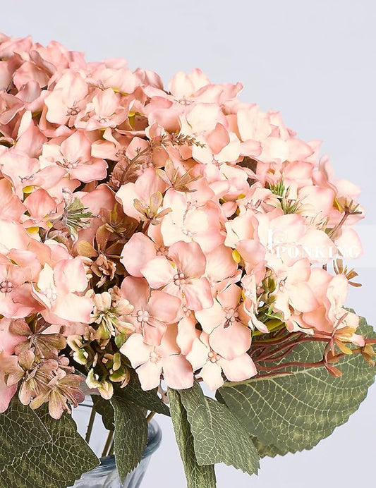 Hydrangea Artificial Flower 3pcs Realistic Faux Silk Hydrangeas Fake Flowers Bouquets Arrangements Decor for Wedding Spring Mother's Day, Home Table Decorations, Pink Champagne Flower