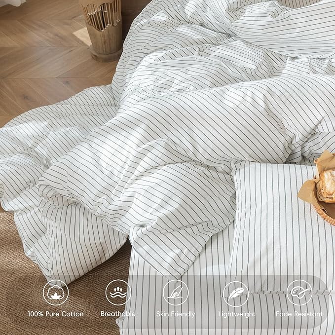 MooMee Striped Duvet Cover Set 100% Washed Cotton Linen Like Textured Breathable Durable Soft Comfy (White Heathered Green Wide Stripes, Super Queen 90"x98")