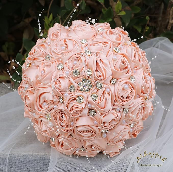 Bridal Wedding Bouquet Round Bling Brooch Bouquet Throw Toss Artificial Rose Flower Bunch for Bride Bridesmaid Wedding Quinceanera(Peach Pink, 7.5")