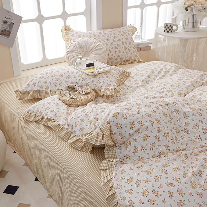 Ruffle Comforter Set Queen Vintage Rose Flower Comforter 3 Pieces Romantic Floral Bedding Set Queen Fluffy Soft Flowers Botanical Comforter Set 1 Flower Ruffled Comforter with 2 Lace Pillowcases
