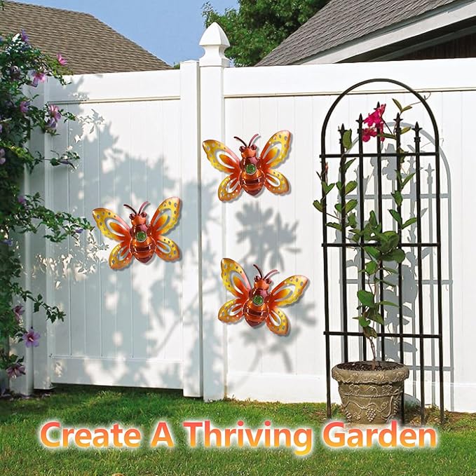 Garden Decor Clearance Metal Bee Wall Art Sculpture, Large Bee Wall Decor Christmas Garden Decoration Hanging for Yard Lawn Patio Living Room Bedroom, 3 Pack, Gift for Family