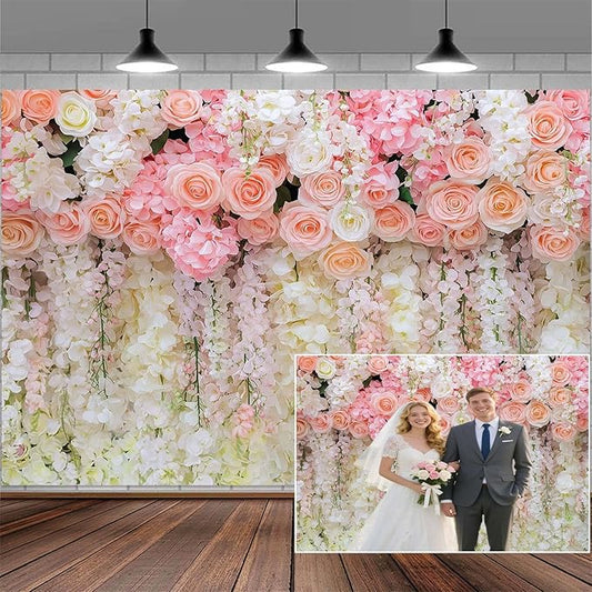10x8ft Pink Rose Flower Wedding Photography Backdrop Spring Floral Photography Backdrop Valentine's Day Mother's Day Girl Birthday Baby Shower Wedding Bridal Party Banner Photo Booth Props Background