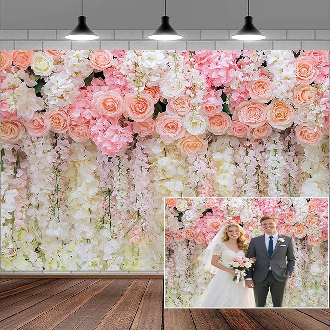 9x6ft Pink Rose Flower Wedding Photography Backdrop Spring Floral Photography Backdrop Valentine's Day Mother's Day Girl Birthday Baby Shower Wedding Bridal Party Banner Photo Booth Props Background