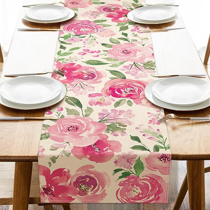 Seliem Spring Summer Watercolor Flower Table Runner, Pink Peony Floral Kitchen Dining Table Decor, Seasonal Burlap Home Decoration Indoor Outdoor Party Supply 13 x 120 Inches